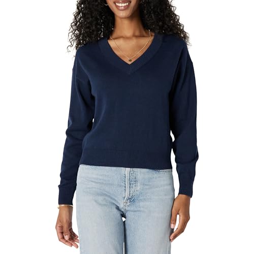 Amazon Essentials Damen Leichter, Kurz Geschnittener Relaxed-Fit-Pullover mit V-Ausschnitt, Marineblau, L von Amazon Essentials
