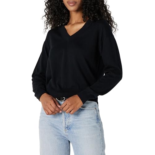 Amazon Essentials Damen Leichter, Kurz Geschnittener Relaxed-Fit-Pullover mit V-Ausschnitt, Schwarz, XS von Amazon Essentials