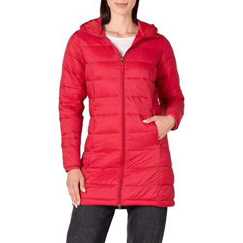 Amazon Essentials Damen Leichter, wasserabweisender, verstaubarer Puffermantel mit Kapuze (erhältlich in Übergrößen), Kräftiges Mohnrot, L von Amazon Essentials