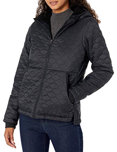 Amazon Essentials Damen Leichter, wasserabweisender Puffermantel mit Sherpa-Futter und Kapuze, Schwarz, L von Amazon Essentials