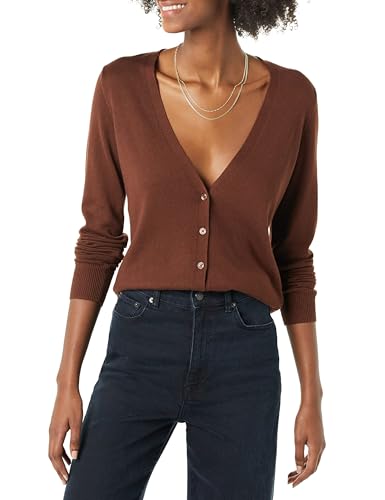 Amazon Essentials Damen Leichter Cardigan mit V-Ausschnitt (in Übergröße erhältlich), Braun, S von Amazon Essentials