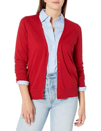 Amazon Essentials Damen Leichter Cardigan mit V-Ausschnitt (in Übergröße erhältlich), Rot, S von Amazon Essentials