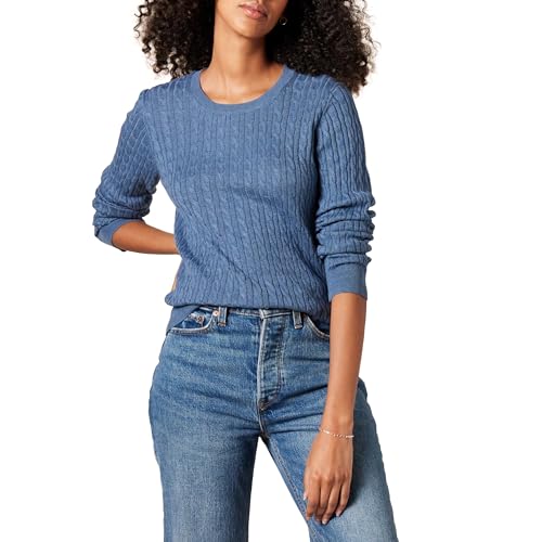 Amazon Essentials Damen Leichter Langarm-Pullover Mit Rundhalsausschnitt Mit Zopfmuster (Erhältlich In Übergröße), Blau Heide, L von Amazon Essentials