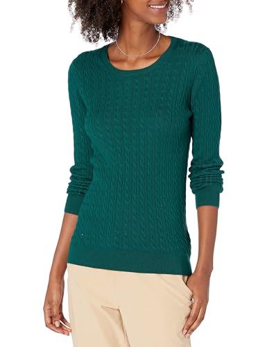 Amazon Essentials Damen Leichter Langarm-Pullover Mit Rundhalsausschnitt Mit Zopfmuster (Erhältlich In Übergröße), Dunkelgrün, L von Amazon Essentials