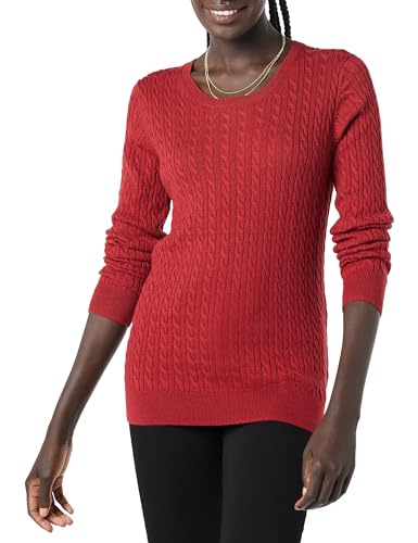 Amazon Essentials Damen Leichter Langarm-Pullover Mit Rundhalsausschnitt Mit Zopfmuster (Erhältlich In Übergröße), Dunkelrot, XS von Amazon Essentials
