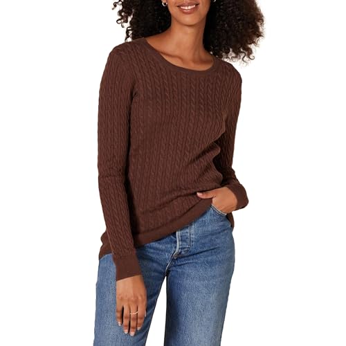 Amazon Essentials Damen Leichter Langarm-Pullover Mit Rundhalsausschnitt Mit Zopfmuster (Erhältlich In Übergröße), Dunkles Kastanienbraun Meliert, XL von Amazon Essentials