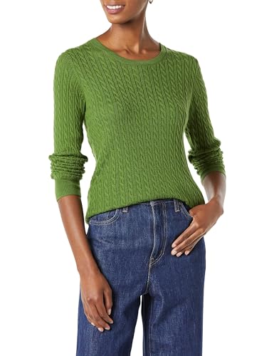 Amazon Essentials Damen Leichter Langarm-Pullover Mit Rundhalsausschnitt Mit Zopfmuster (Erhältlich In Übergröße), Grün, XS von Amazon Essentials