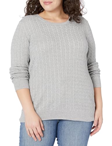 Amazon Essentials Damen Leichter Langarm-Pullover Mit Rundhalsausschnitt Mit Zopfmuster (Erhältlich In Übergröße), Hellgrau Meliert, M von Amazon Essentials