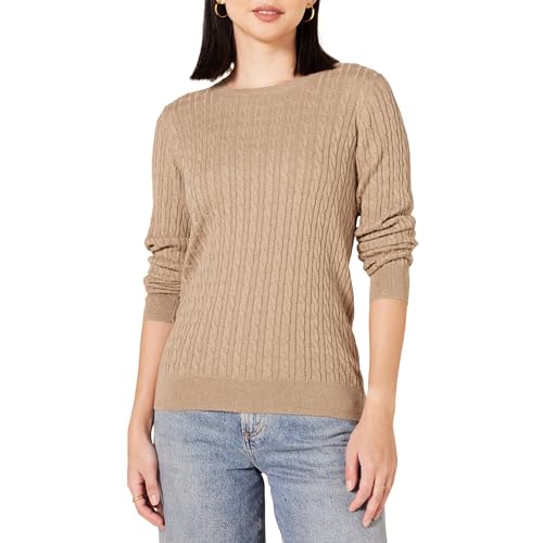 Amazon Essentials Damen Leichter Langarm-Pullover Mit Rundhalsausschnitt Mit Zopfmuster (Erhältlich In Übergröße), Kamelbraun Meliert, M von Amazon Essentials