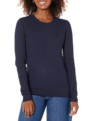 Amazon Essentials Damen Leichter Langarm-Pullover Mit Rundhalsausschnitt Mit Zopfmuster (Erhältlich In Übergröße), Marineblau, XS von Amazon Essentials