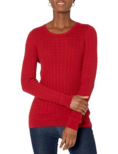 Amazon Essentials Damen Leichter Langarm-Pullover Mit Rundhalsausschnitt Mit Zopfmuster (Erhältlich In Übergröße), Rot, L von Amazon Essentials