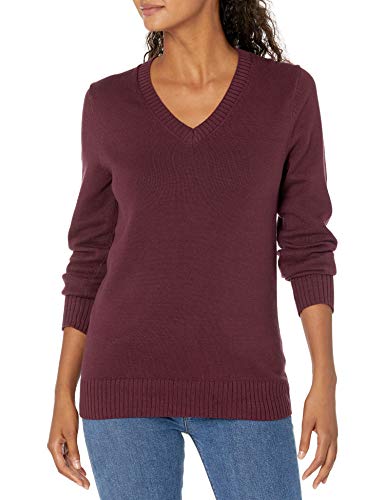 Amazon Essentials Damen Leichter Langarm-Pullover Mit V-Ausschnitt, 100% Baumwolle, Burgunderrot, S von Amazon Essentials