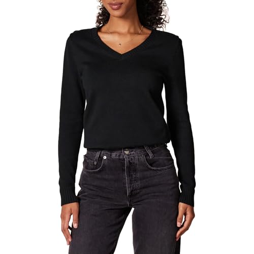 Amazon Essentials Damen Pullover aus 100 % Baumwolle, langärmelig, V-Ausschnitt, Schwarz, XX-Large von Amazon Essentials