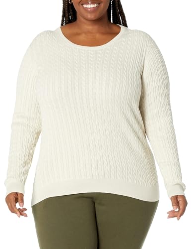 Amazon Essentials Damen Leichter Langarm-Pullover Mit Rundhalsausschnitt Mit Zopfmuster (Erhältlich In Übergröße), Haferbeige Meliert, L von Amazon Essentials