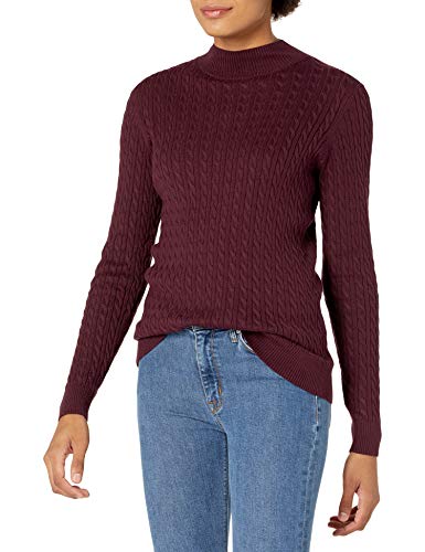Amazon Essentials Damen Leichter Langarm-Pullover mit Stehkragen und Zopfmuster in klassischer Passform, Burgunderrot, XL von Amazon Essentials