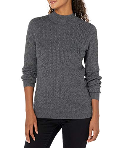 Amazon Essentials Damen Leichter Langarm-Pullover mit Stehkragen und Zopfmuster in klassischer Passform, Dunkelgrau Meliert, M von Amazon Essentials