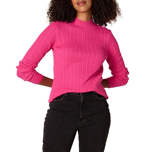 Amazon Essentials Damen Leichter Langarm-Pullover mit Stehkragen und Zopfmuster in klassischer Passform, Kräftiges Rosa, L von Amazon Essentials