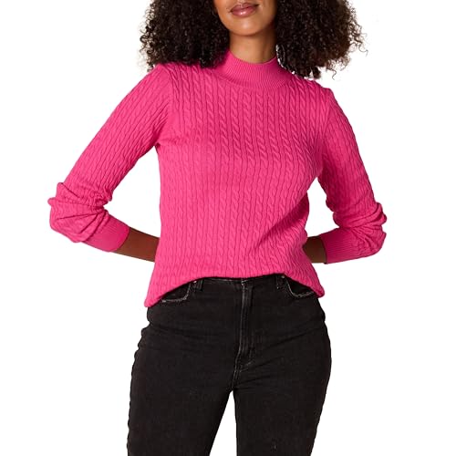 Amazon Essentials Damen Leichter Langarm-Pullover mit Stehkragen und Zopfmuster in klassischer Passform, Kräftiges Rosa, XL von Amazon Essentials