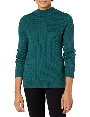 Amazon Essentials Damen Leichter Langarm-Pullover mit Stehkragen und Zopfmuster in klassischer Passform, Tannengrün, M von Amazon Essentials