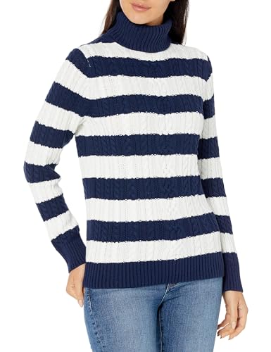 Amazon Essentials Damen Leichter Rollkragenpullover Mit Zopfmuster (Erhältlich In Übergröße), Marineblau Weiß Rugby-Streifen, L von Amazon Essentials