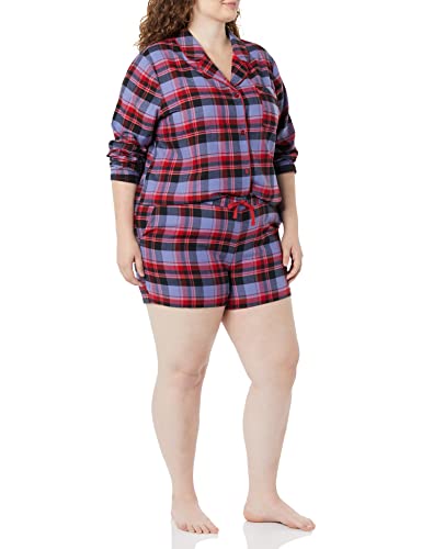 Amazon Essentials Damen Leichter Schlafanzug aus Flanell-Gewebe mit Shorts, Blau Gemischter Tartan, XXS von Amazon Essentials