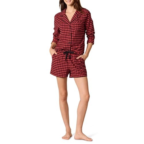 Amazon Essentials Damen Leichter Schlafanzug aus Flanell-Gewebe mit Shorts, Rot Schwarz Buffalokaros Muster, L von Amazon Essentials
