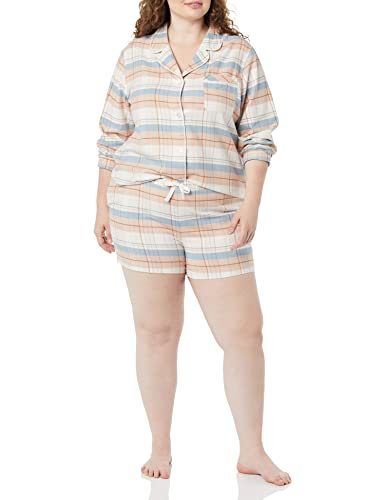 Amazon Essentials Damen Leichter Schlafanzug aus Flanell-Gewebe mit Shorts - Auslauffarben, Beige Plaid Mischen, L von Amazon Essentials