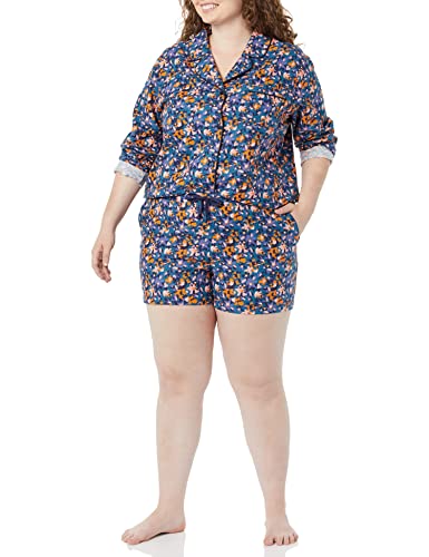 Amazon Essentials Damen Leichter Schlafanzug aus Flanell-Gewebe mit Shorts - Auslauffarben, Grünblau Florale Tarnung, M von Amazon Essentials