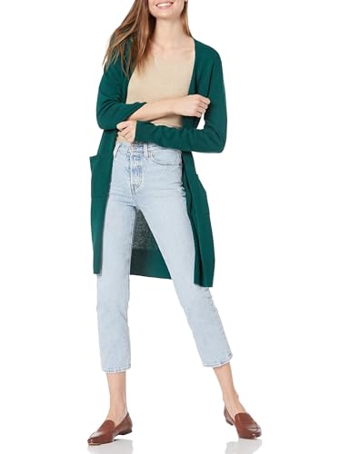 Amazon Essentials Damen Leichter, Länger Geschnittener, Langärmliger Cardigan-Pullover Mit Offener Vorderseite (In Übergröße Erhältlich), Dunkelgrün, S von Amazon Essentials