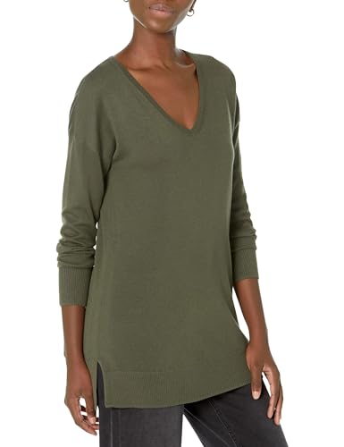 Amazon Essentials Damen Leichter Tunika-Pullover Mit Langen Ärmeln Und V-Ausschnitt (Erhältlich In Übergröße), Dunkles Olivgrün, XL Große Größen von Amazon Essentials