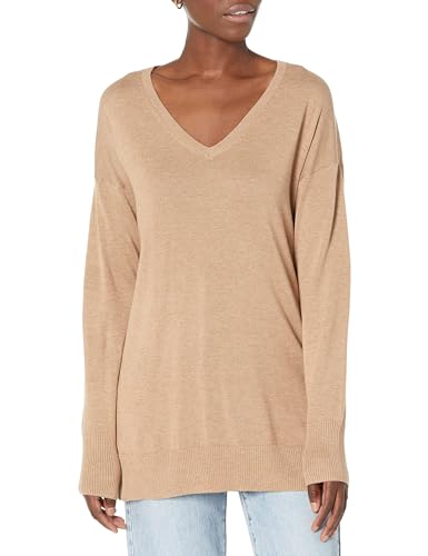 Amazon Essentials Damen Leichter Tunika-Pullover Mit Langen Ärmeln Und V-Ausschnitt (Erhältlich In Übergröße), Kamelbraun Meliert, L von Amazon Essentials