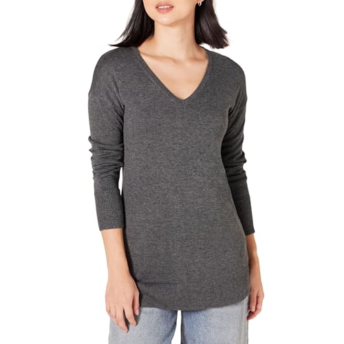 Amazon Essentials Damen Leichter Tunika-Pullover Mit Langen Ärmeln Und V-Ausschnitt (Erhältlich In Übergröße), Dunkelgrau Meliert, XS von Amazon Essentials