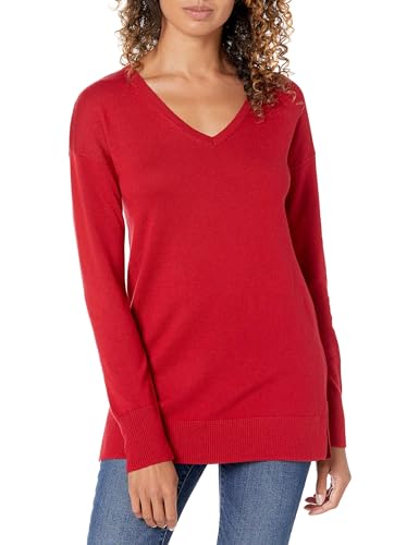 Amazon Essentials Damen Leichter Tunika-Pullover Mit Langen Ärmeln Und V-Ausschnitt (Erhältlich In Übergröße), Rot, M von Amazon Essentials