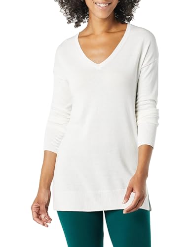 Amazon Essentials Damen Leichter Tunika-Pullover Mit Langen Ärmeln Und V-Ausschnitt (Erhältlich In Übergröße), Weiß, XS von Amazon Essentials