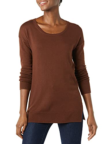 Amazon Essentials Damen Leichter, langärmliger Tunika-Pullover mit U-Ausschnitt (in Übergröße erhältlich), Braun, M von Amazon Essentials