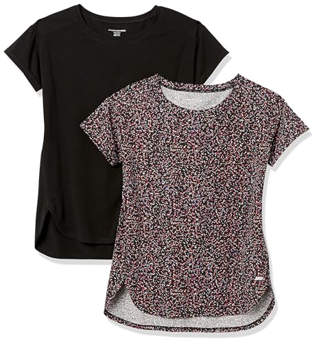 Amazon Essentials Damen Leichtes Fitness-T-Shirt mit Rundhalsausschnitt und lockerer Passform (in Übergröße erhältlich), 2er-Pack, Schwarz Konfettimuster, XS von Amazon Essentials