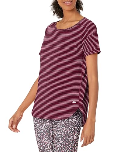 Amazon Essentials Damen Leichtes Fitness-T-Shirt mit Rundhalsausschnitt und lockerer Passform (in Übergröße erhältlich), Burgunderrot Streifen, XL von Amazon Essentials