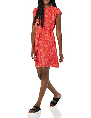 Amazon Essentials Damen Leichtes Georgette-Etuikleid Mit Lockerer Passform Mit Geteiltem Ausschnitt Und Flatterärmeln, Mohnrot Floral, XXL von Amazon Essentials