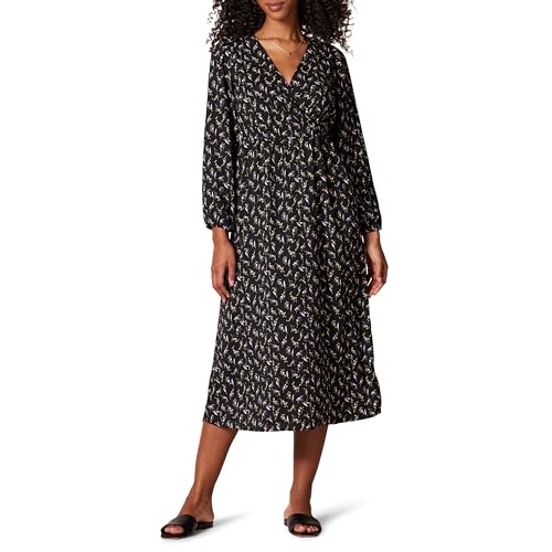 Amazon Essentials Damen Leichtes Georgette-Midikleid mit Langen Ärmeln und V-Ausschnitt (in Übergröße erhältlich), Schwarz Blumenstrauß, 5XL Große Größen von Amazon Essentials