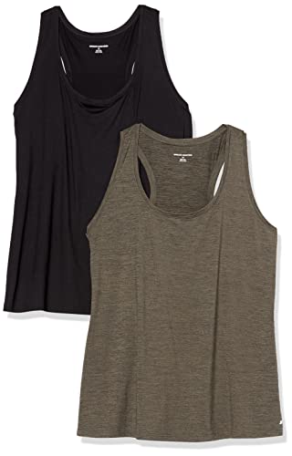 Amazon Essentials Damen Active Quick Dry Tech Stretch Racerback-Tanktop (in Übergröße erhältlich), 2er-Pack, Olivgrüner Weltraumfarbstoff/Schwarz, L von Amazon Essentials