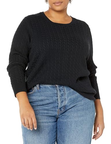Amazon Essentials Damen Leichter Langarm-Pullover Mit Rundhalsausschnitt Mit Zopfmuster (Erhältlich In Übergröße), Schwarz, XS von Amazon Essentials