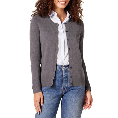 Amazon Essentials Damen Leichte Rundhalsstrickjacke (Erhältlich In Übergröße), Dunkelgrau Meliert, XL von Amazon Essentials