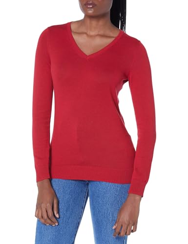 Amazon Essentials Damen Regular-Fit Leichter Langarm-Pullover V-Ausschnitt (In Übergröße Erhältlich), Rot, XL von Amazon Essentials