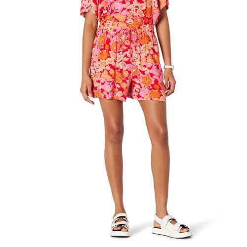 Amazon Essentials Damen Lockere Pull-On-Shorts aus fließendem Twill mit hoher Taille (Hemd separat erhältlich), Kräftiges Mohnrot Mehrfarbig Folk-Blumenmuster, XS von Amazon Essentials