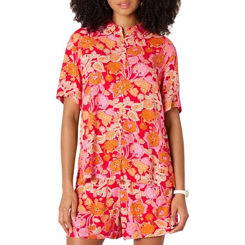 Amazon Essentials Damen Lockeres Hemd aus fließendem Twill mit Knopfleiste (Shorts separat erhältlich), Kräftiges Mohnrot Mehrfarbig Folk-Blumenmuster, L von Amazon Essentials