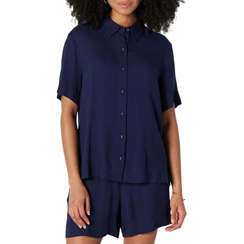 Amazon Essentials Damen Lockeres Hemd aus fließendem Twill mit Knopfleiste (Shorts separat erhältlich), Marineblau, S von Amazon Essentials