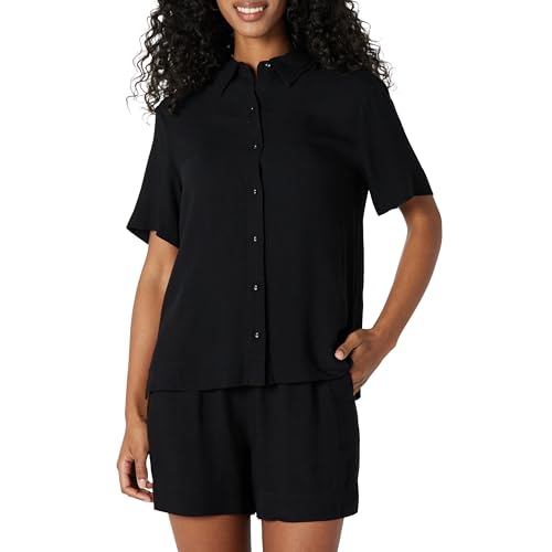 Amazon Essentials Damen Lockeres Hemd aus fließendem Twill mit Knopfleiste (Shorts separat erhältlich), Schwarz, S von Amazon Essentials