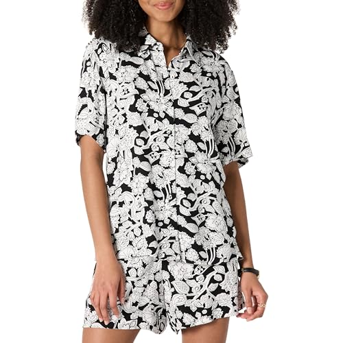 Amazon Essentials Damen Lockeres Hemd aus fließendem Twill mit Knopfleiste (Shorts separat erhältlich), Schwarz Elfenbein Folk Floral, XXL von Amazon Essentials