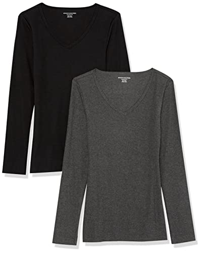Amazon Essentials Damen Mehrlagige Slimt-Fit-Langarm-Strickhemden mit Rippstrick und V-Ausschnitt (In Übergröße Erhältlich), 2er-Pack, Dunkelgrau Meliert/Schwarz, M von Amazon Essentials
