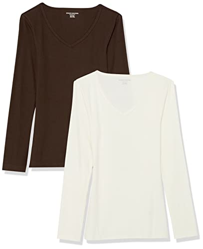 Amazon Essentials Damen Mehrlagige Slimt-Fit-Langarm-Strickhemden mit Rippstrick und V-Ausschnitt (In Übergröße Erhältlich), 2er-Pack, Eierschalenweiß/Espresso, 4XL Große Größen von Amazon Essentials